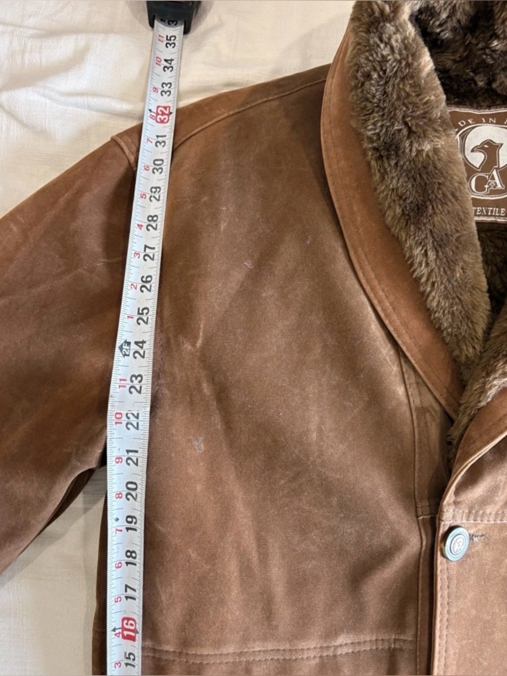 T. Shearling Men’s XL Brown Overcoat Button Shawl Collar Lined Pockets Mid - Picture 4 of 9